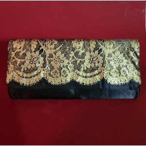 Black Clutch Purse With Gold Lace Embelishment